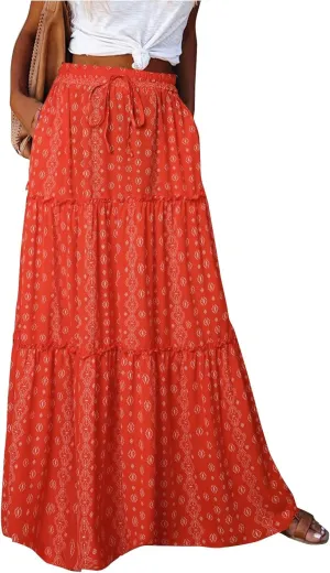 Skirts for Women Trendy,Ruffle Hem Elastic High Waisted Drawstring Bohemian Flowy Maxi Skirts 2025 Summer Vacation