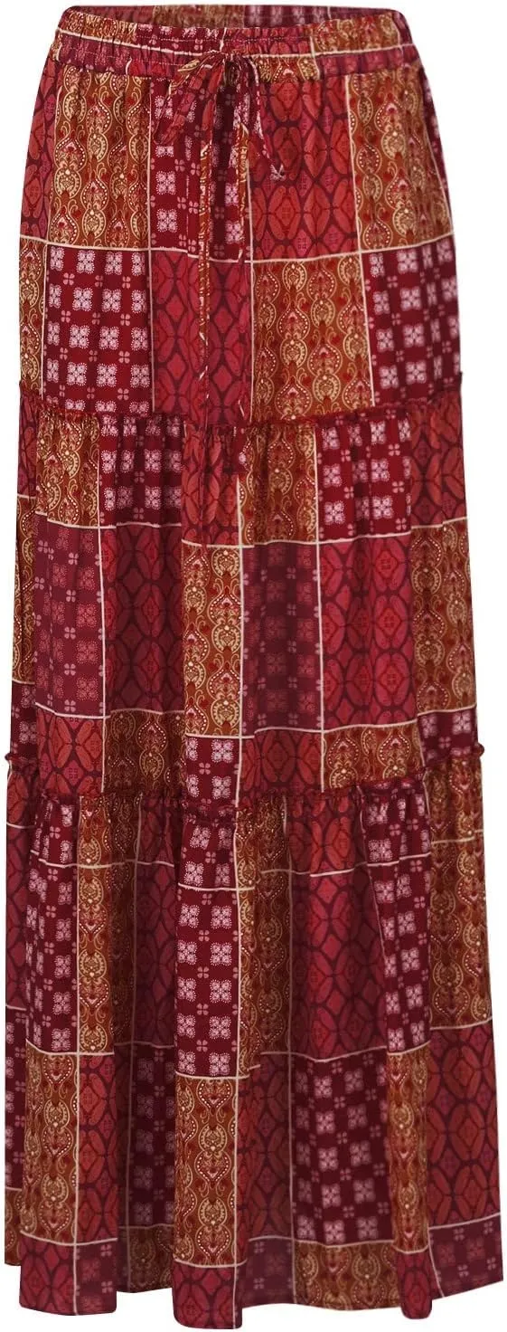 Skirts for Women Trendy,Ruffle Hem Elastic High Waisted Drawstring Bohemian Flowy Maxi Skirts 2025 Summer Vacation