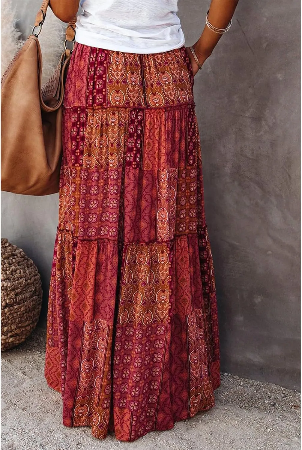 Skirts for Women Trendy,Ruffle Hem Elastic High Waisted Drawstring Bohemian Flowy Maxi Skirts 2025 Summer Vacation