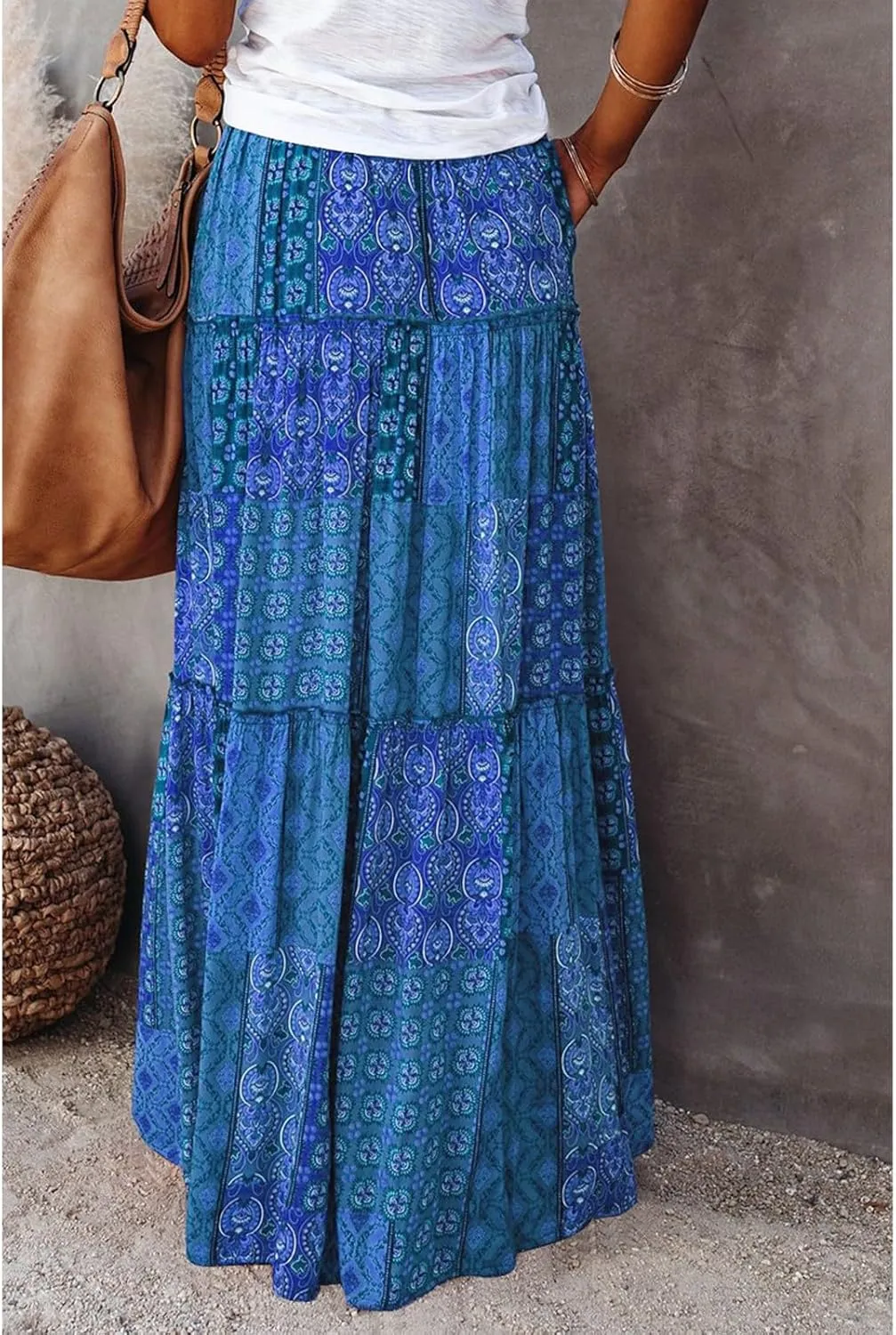 Skirts for Women Trendy,Ruffle Hem Elastic High Waisted Drawstring Bohemian Flowy Maxi Skirts 2025 Summer Vacation