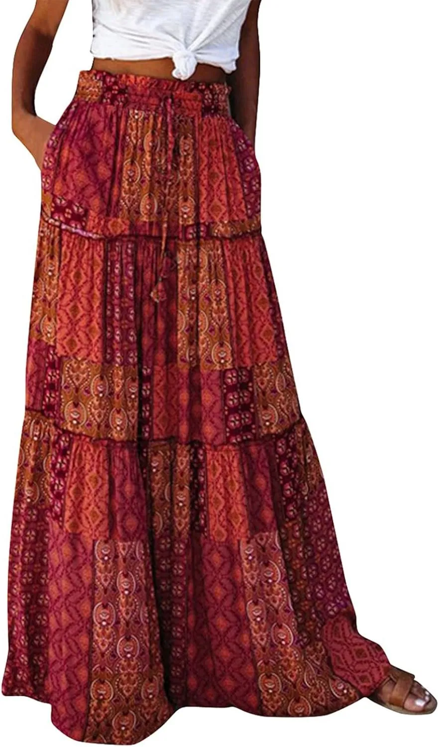 Skirts for Women Trendy,Ruffle Hem Elastic High Waisted Drawstring Bohemian Flowy Maxi Skirts 2025 Summer Vacation