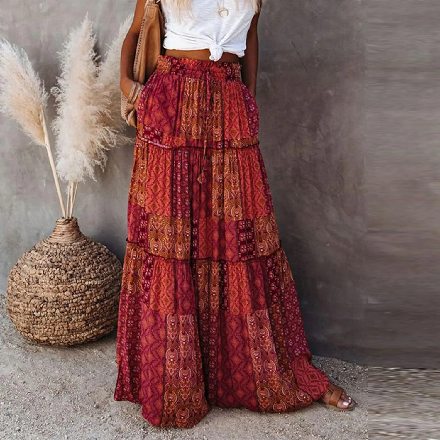 Skirts for Women Trendy,Ruffle Hem Elastic High Waisted Drawstring Bohemian Flowy Maxi Skirts 2025 Summer Vacation