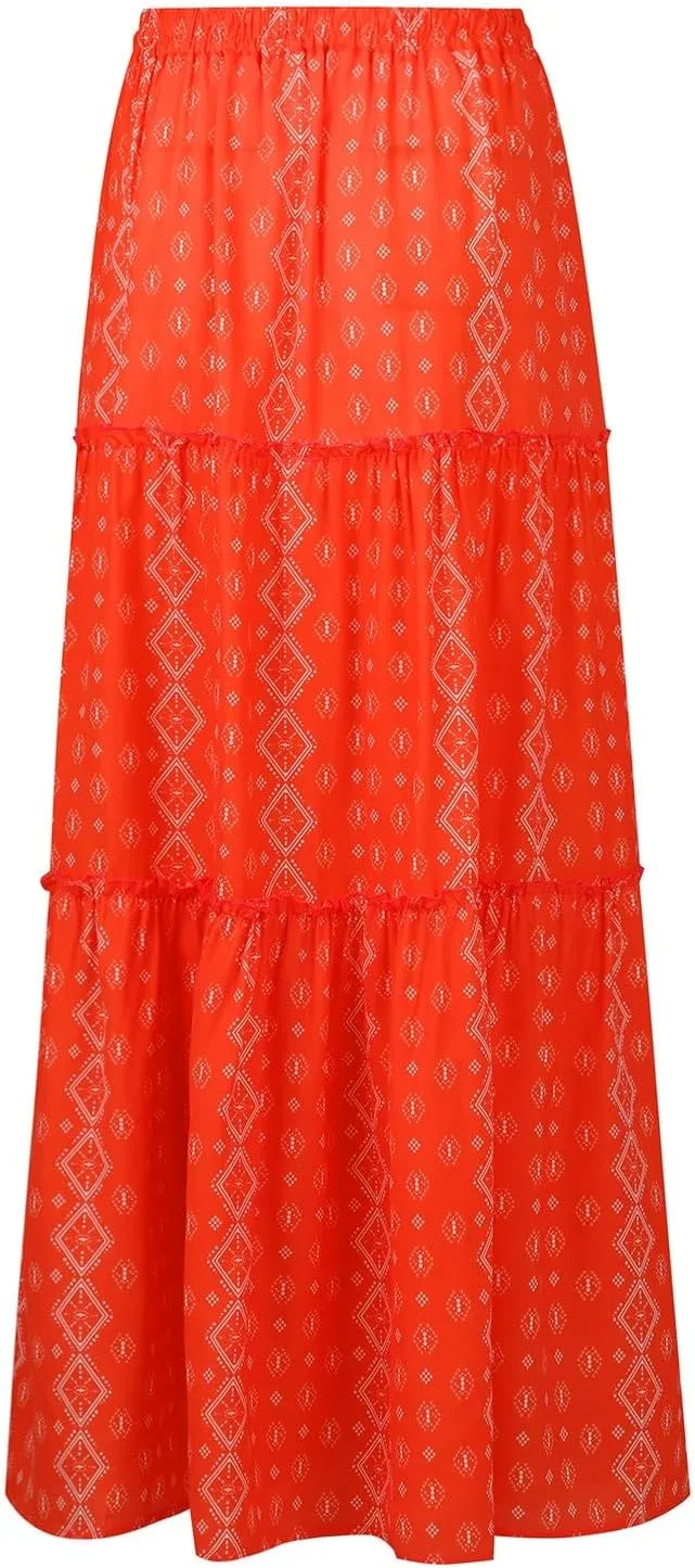 Skirts for Women Trendy,Ruffle Hem Elastic High Waisted Drawstring Bohemian Flowy Maxi Skirts 2025 Summer Vacation