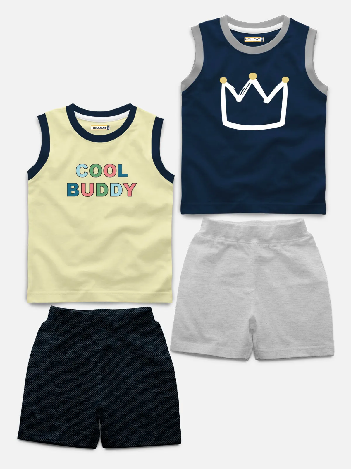 Sleeveless Printed Tshirt with Comfy Solid Shorts for Infants & Boys - Pack of 4 (2 T-shirt & 2 short)