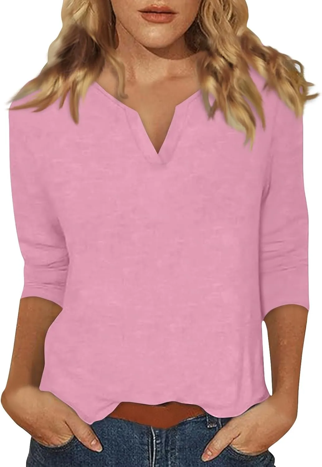 slqdgmryz 3/4 Sleeve Tops for Women Summer Notched V Neck Plain T Shirts Casual Cute Three Quarter Length Dressy Blouses