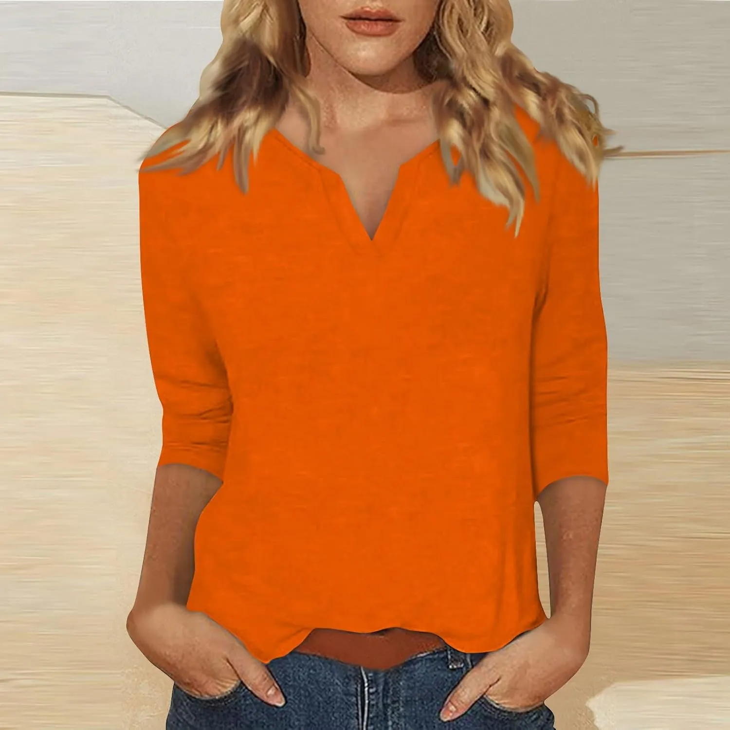 slqdgmryz 3/4 Sleeve Tops for Women Summer Notched V Neck Plain T Shirts Casual Cute Three Quarter Length Dressy Blouses