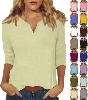 slqdgmryz 3/4 Sleeve Tops for Women Summer Notched V Neck Plain T Shirts Casual Cute Three Quarter Length Dressy Blouses