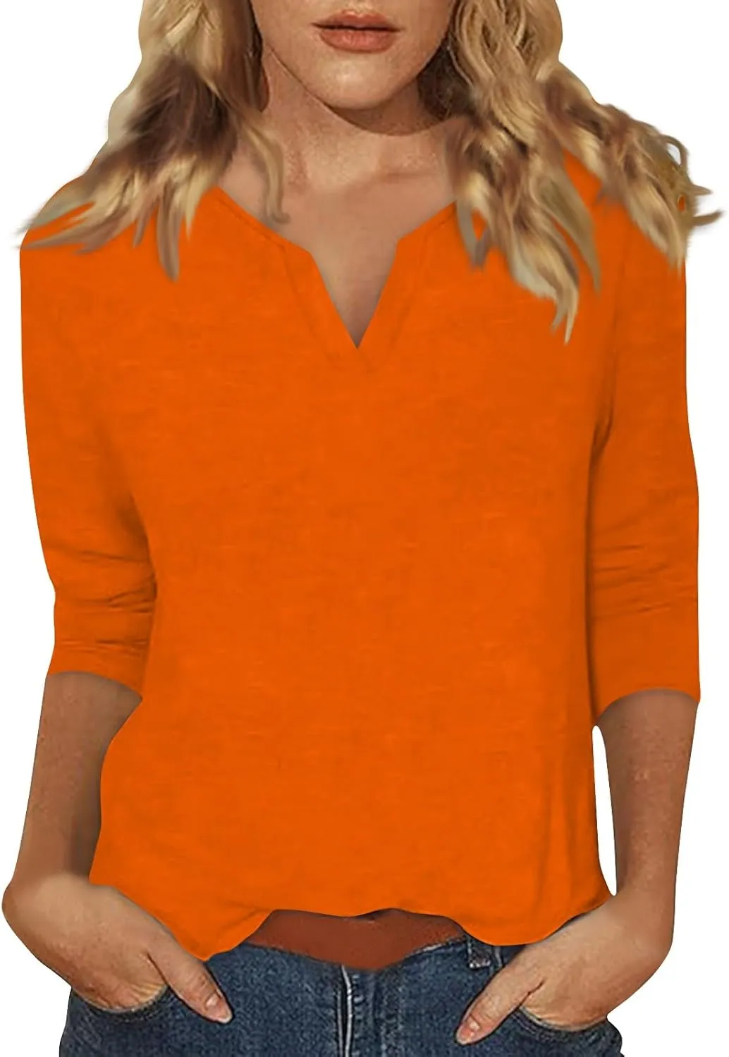 slqdgmryz 3/4 Sleeve Tops for Women Summer Notched V Neck Plain T Shirts Casual Cute Three Quarter Length Dressy Blouses