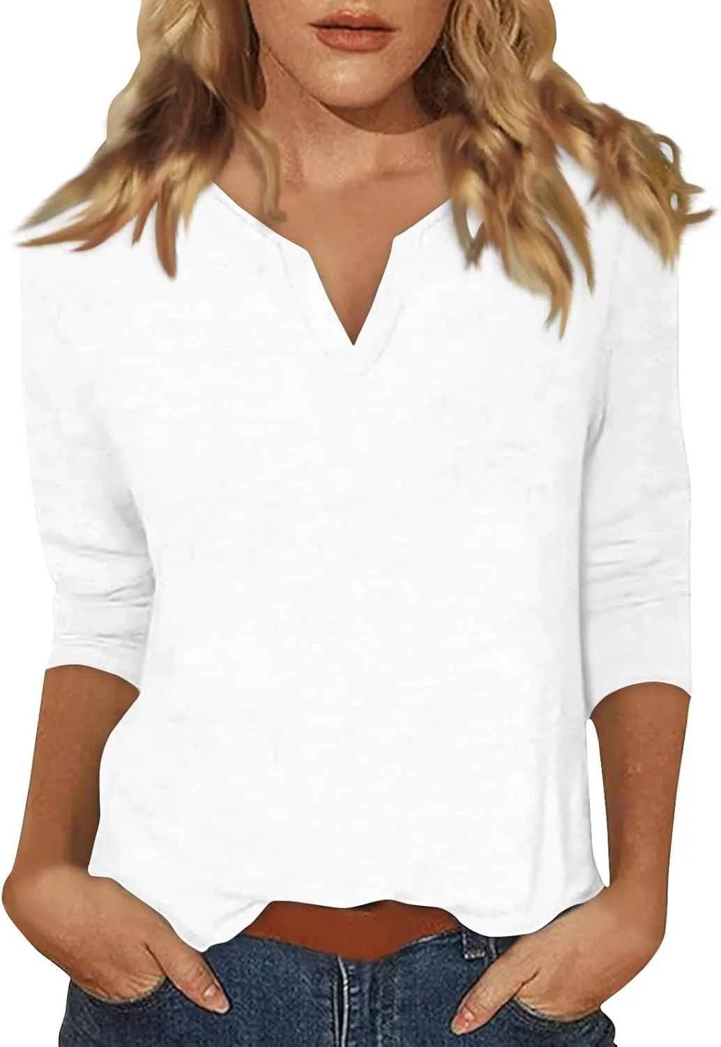 slqdgmryz 3/4 Sleeve Tops for Women Summer Notched V Neck Plain T Shirts Casual Cute Three Quarter Length Dressy Blouses