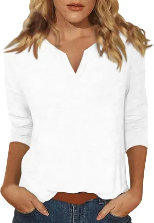 slqdgmryz 3/4 Sleeve Tops for Women Summer Notched V Neck Plain T Shirts Casual Cute Three Quarter Length Dressy Blouses