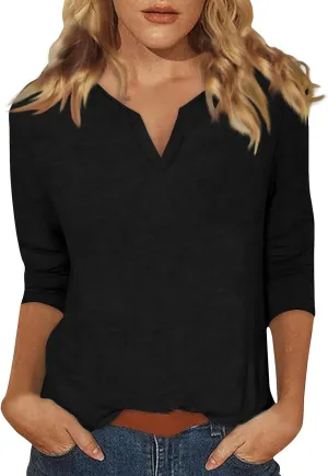 slqdgmryz 3/4 Sleeve Tops for Women Summer Notched V Neck Plain T Shirts Casual Cute Three Quarter Length Dressy Blouses