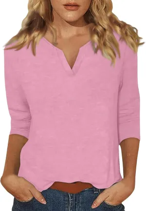 slqdgmryz 3/4 Sleeve Tops for Women Summer Notched V Neck Plain T Shirts Casual Cute Three Quarter Length Dressy Blouses