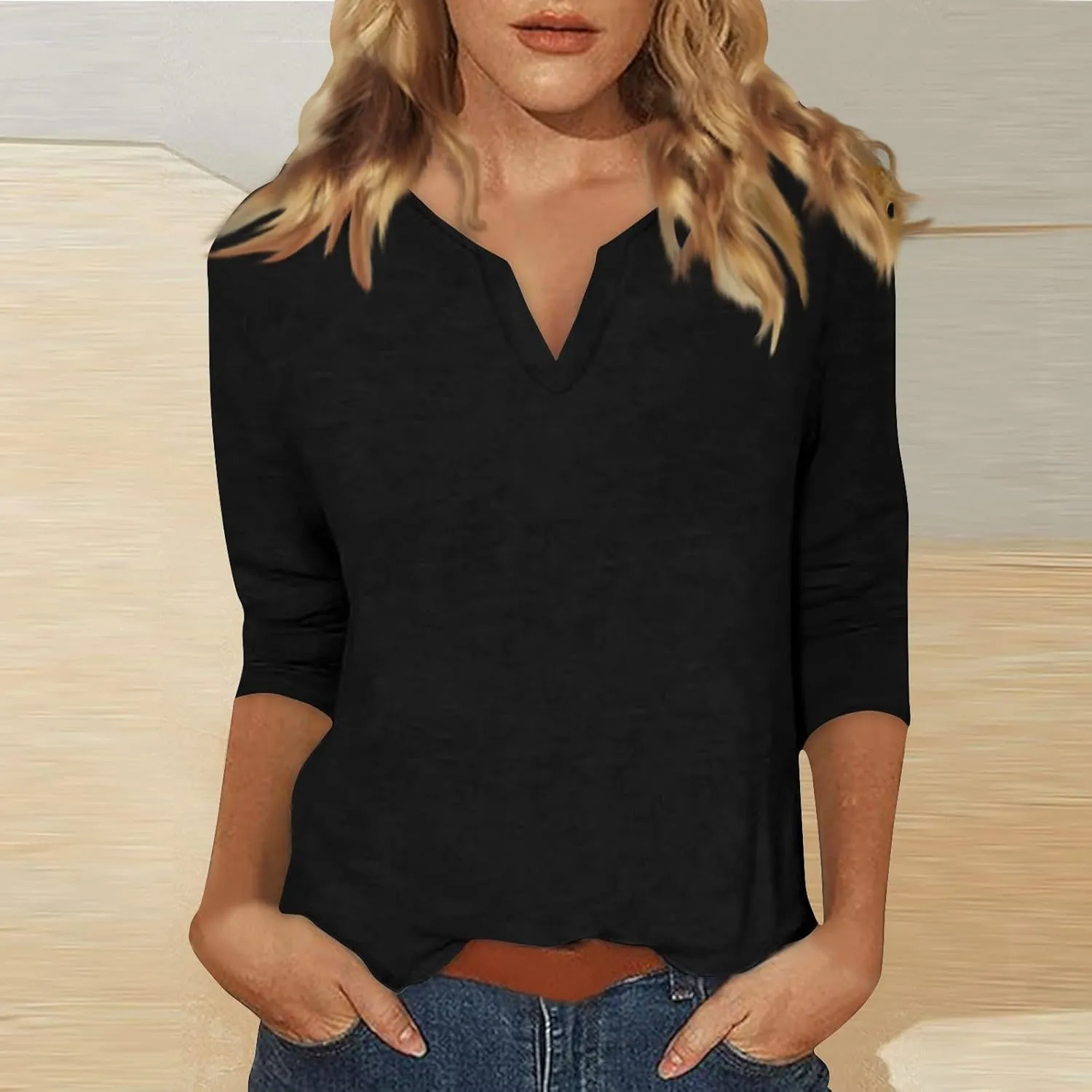 slqdgmryz 3/4 Sleeve Tops for Women Summer Notched V Neck Plain T Shirts Casual Cute Three Quarter Length Dressy Blouses