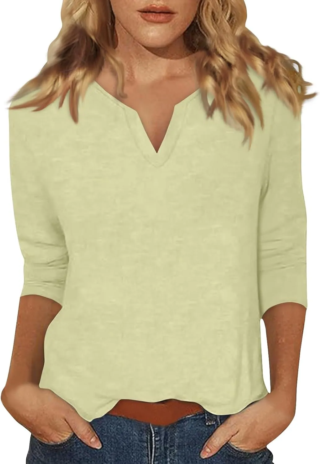 slqdgmryz 3/4 Sleeve Tops for Women Summer Notched V Neck Plain T Shirts Casual Cute Three Quarter Length Dressy Blouses
