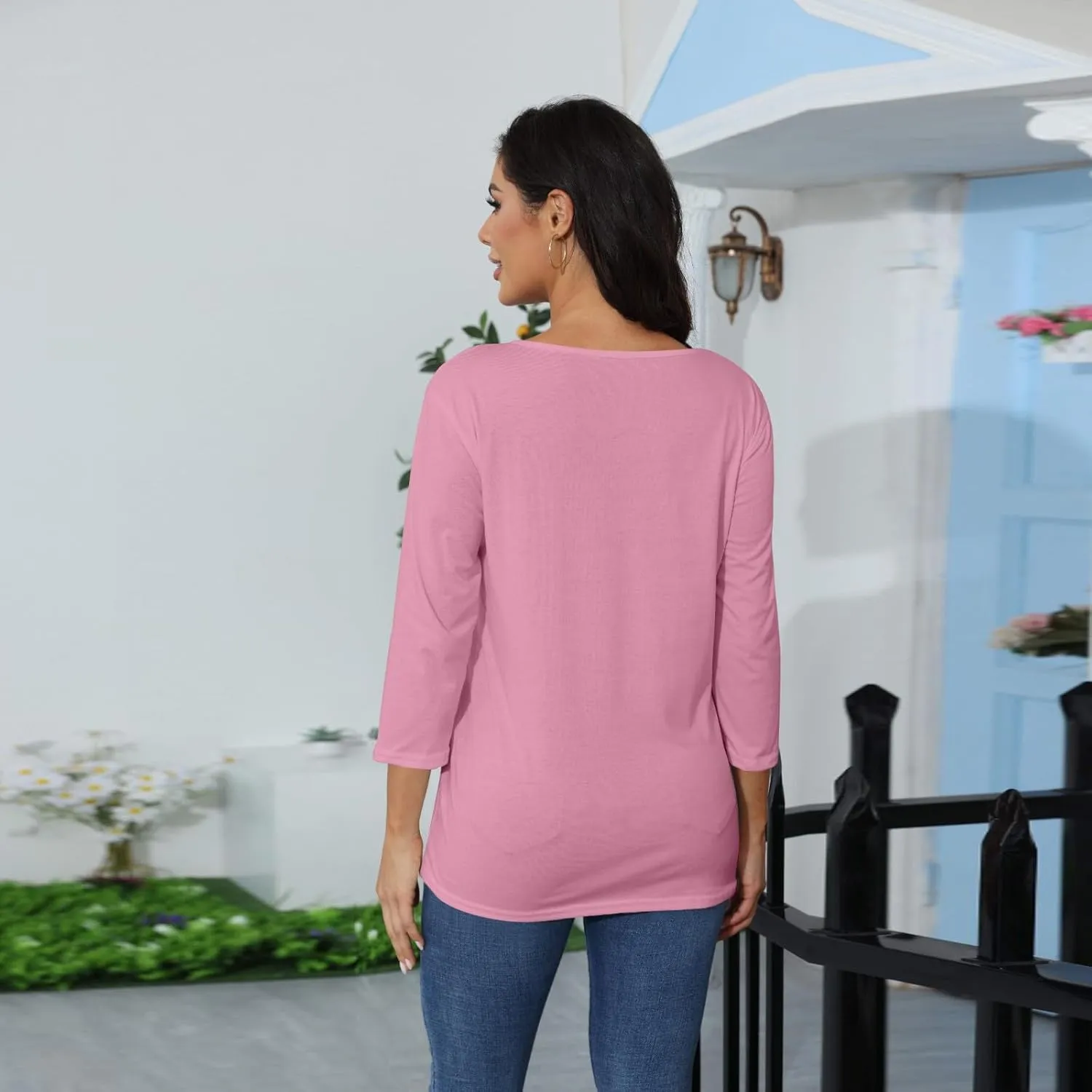 slqdgmryz 3/4 Sleeve Tops for Women Summer Notched V Neck Plain T Shirts Casual Cute Three Quarter Length Dressy Blouses