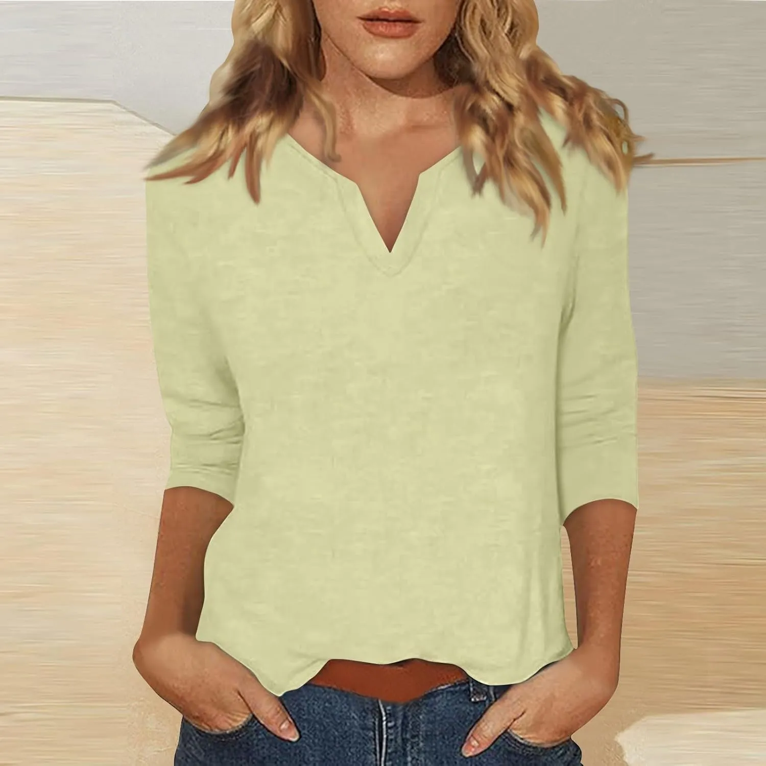 slqdgmryz 3/4 Sleeve Tops for Women Summer Notched V Neck Plain T Shirts Casual Cute Three Quarter Length Dressy Blouses
