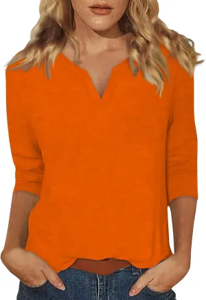 slqdgmryz 3/4 Sleeve Tops for Women Summer Notched V Neck Plain T Shirts Casual Cute Three Quarter Length Dressy Blouses
