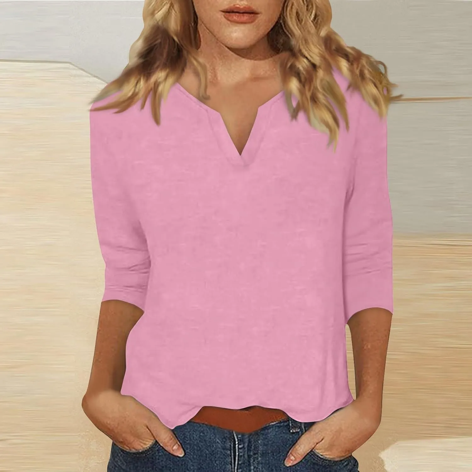 slqdgmryz 3/4 Sleeve Tops for Women Summer Notched V Neck Plain T Shirts Casual Cute Three Quarter Length Dressy Blouses