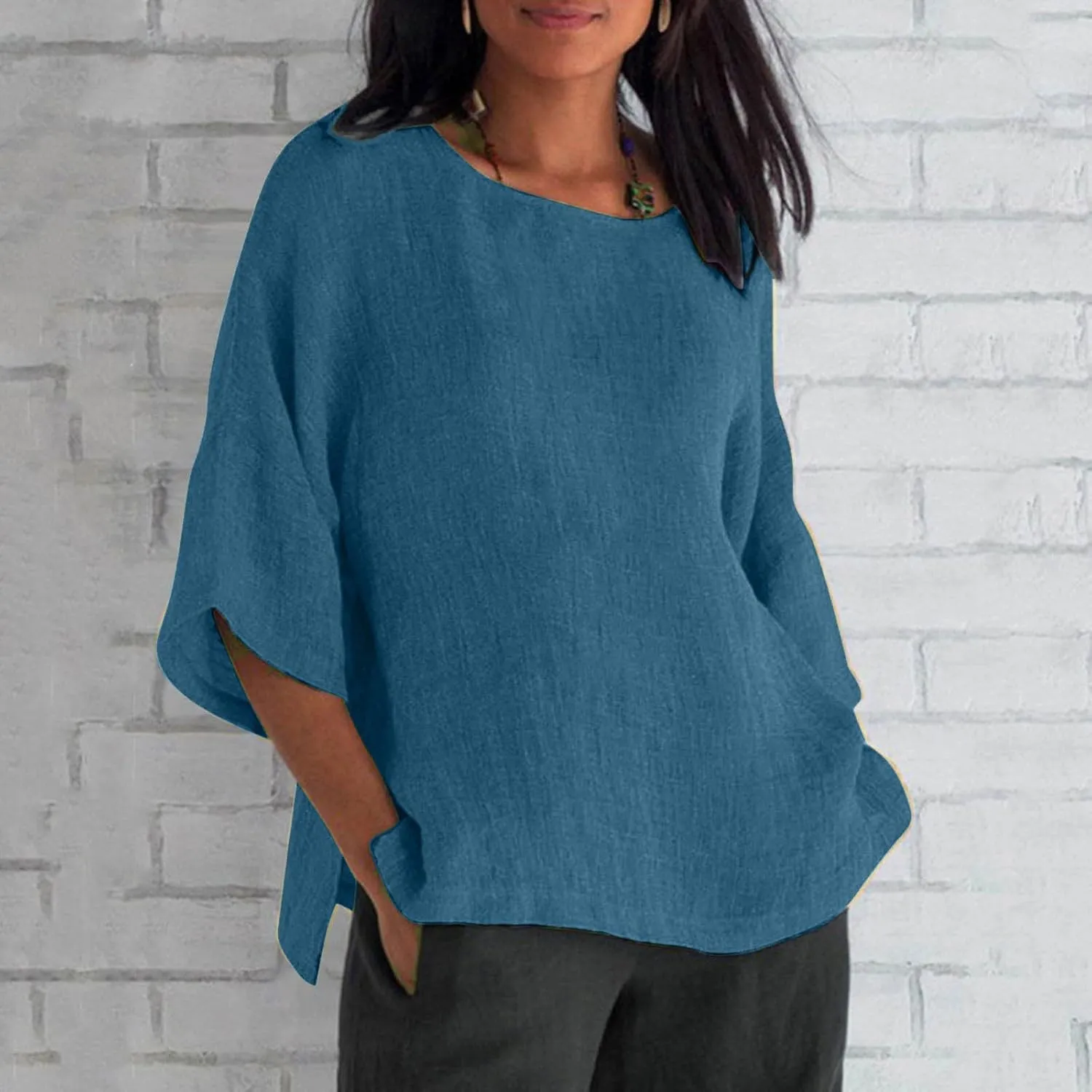 slqdgmryz Linen Shirts for Women 3/4 Sleeve Plus Size Tops Loose Crew Neck T Shirts Casual Three Quarter Length Tunic Tops