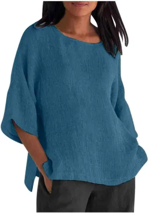 slqdgmryz Linen Shirts for Women 3/4 Sleeve Plus Size Tops Loose Crew Neck T Shirts Casual Three Quarter Length Tunic Tops