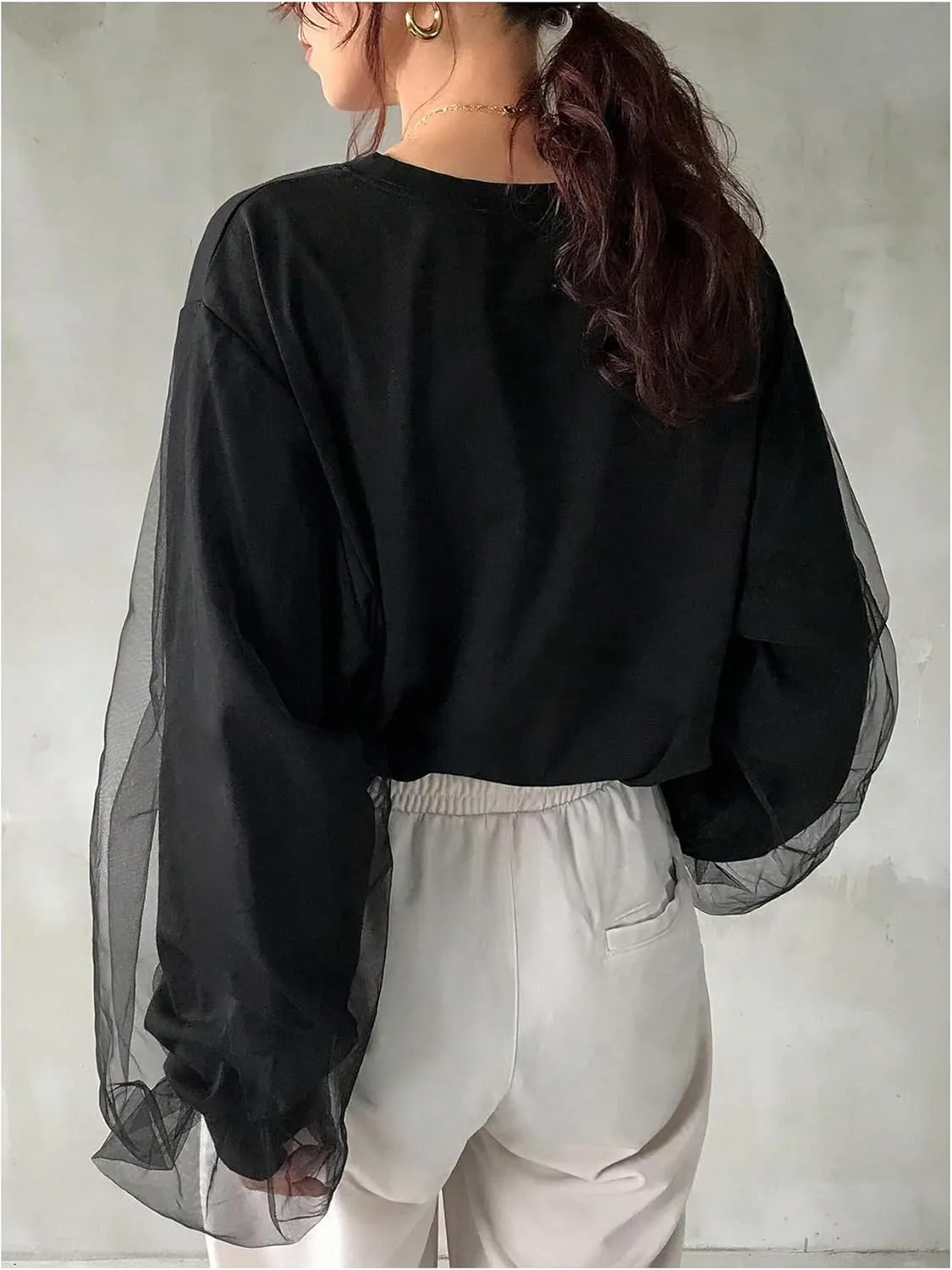SOLY HUX Women's Contrast Mesh T Shirt Crewneck Drop Shoulder Long Sleeve Oversized Tees Tops
