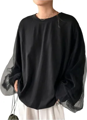 SOLY HUX Women's Contrast Mesh T Shirt Crewneck Drop Shoulder Long Sleeve Oversized Tees Tops