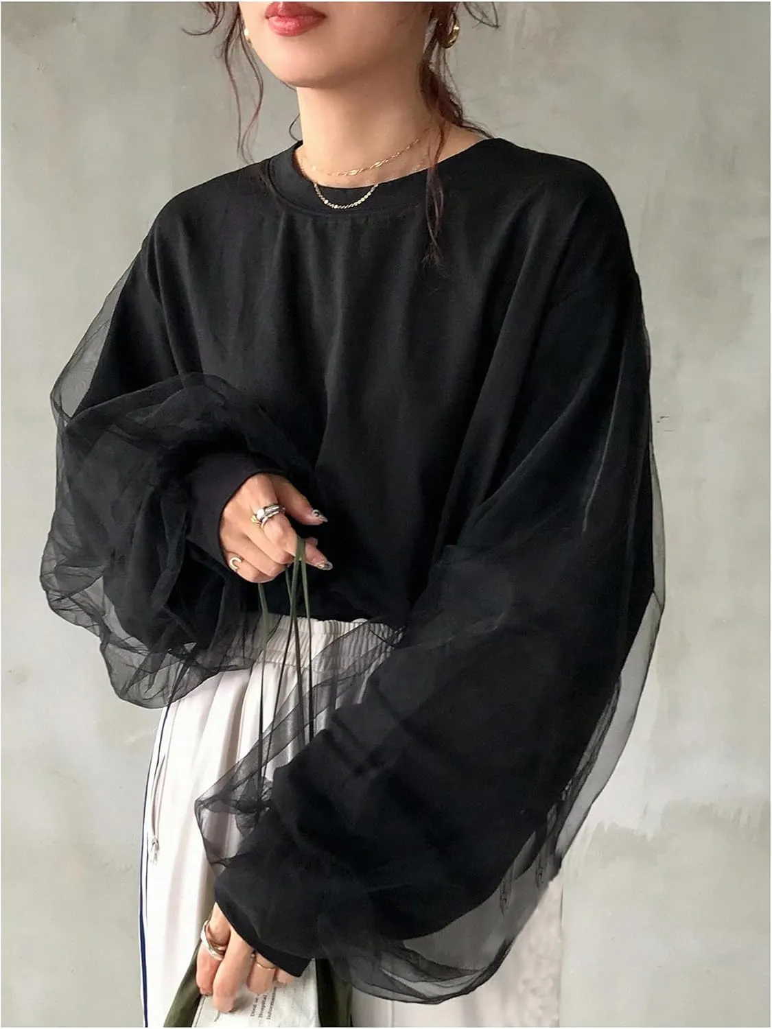 SOLY HUX Women's Contrast Mesh T Shirt Crewneck Drop Shoulder Long Sleeve Oversized Tees Tops