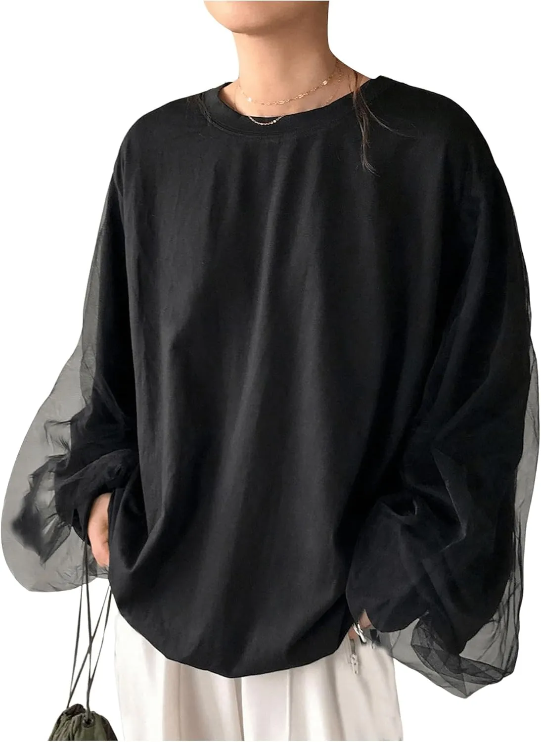 SOLY HUX Women's Contrast Mesh T Shirt Crewneck Drop Shoulder Long Sleeve Oversized Tees Tops