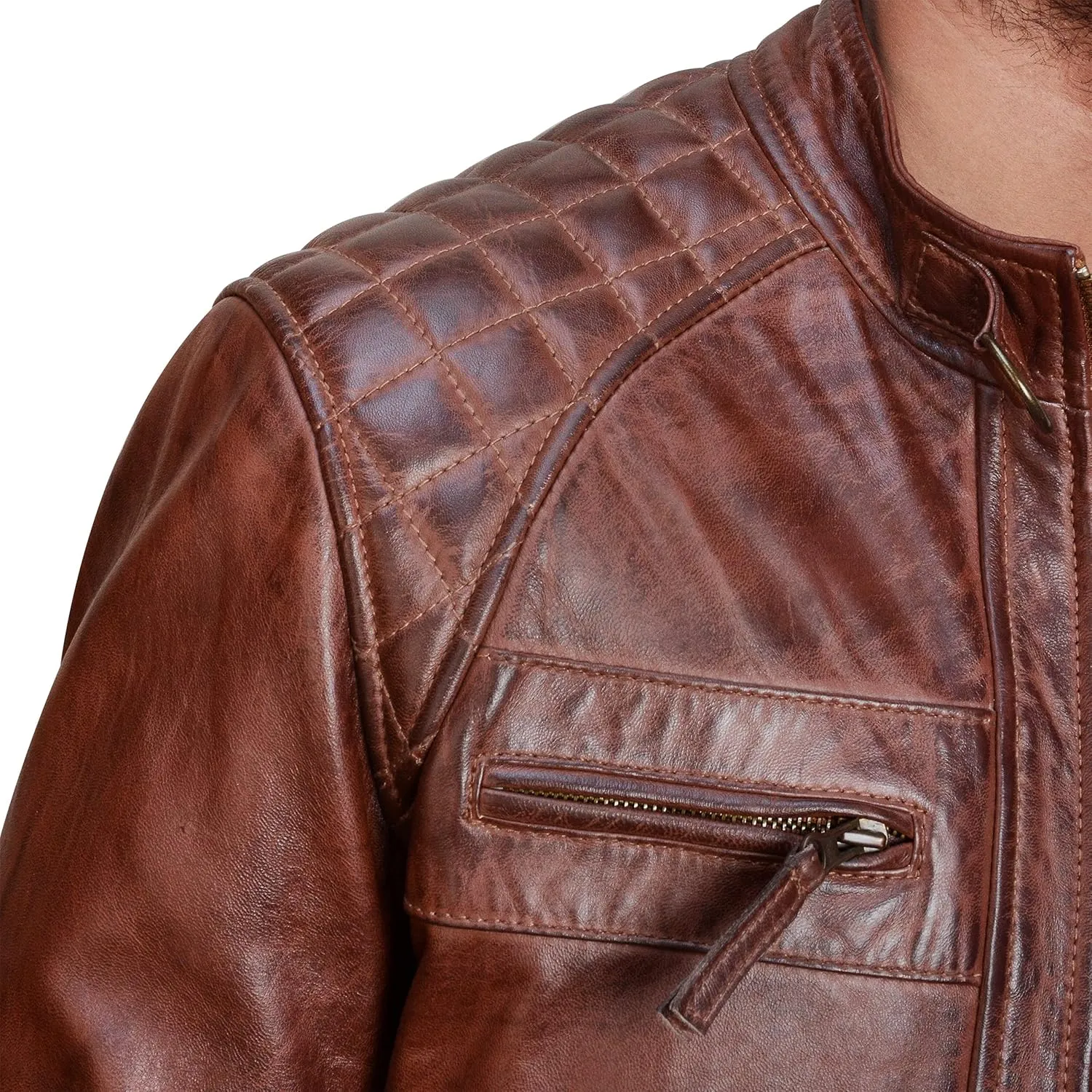 SpazeUp Mens Genuine Leather Quilted Brando Jacket - Asymmetrical Leather Motorcycle Cafe Racer Leather Jacket