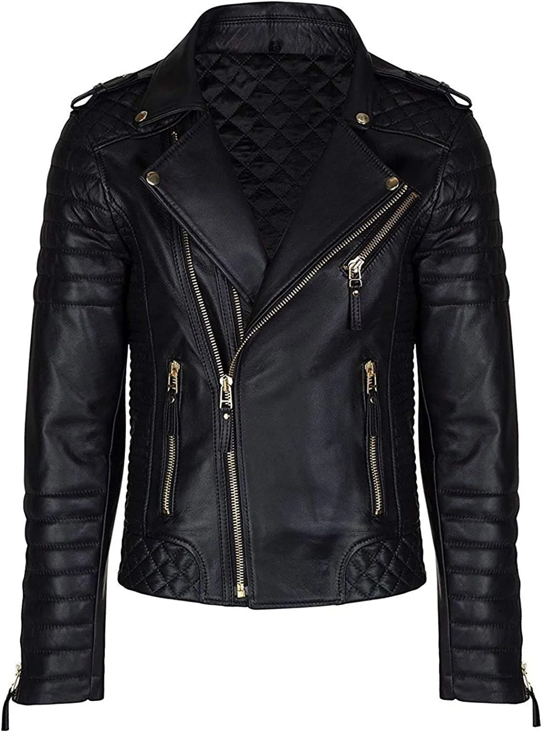 SpazeUp Mens Genuine Leather Quilted Brando Jacket - Asymmetrical Leather Motorcycle Cafe Racer Leather Jacket
