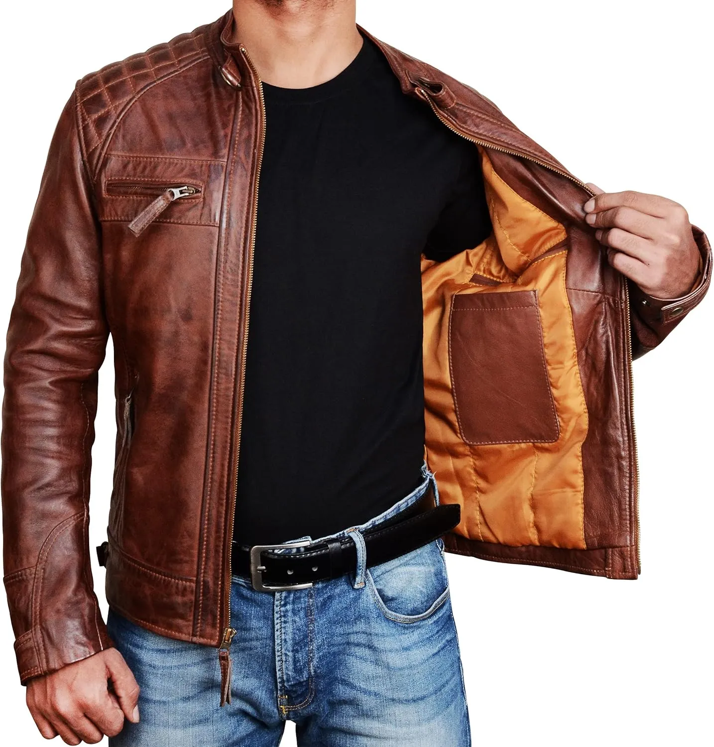 SpazeUp Mens Genuine Leather Quilted Brando Jacket - Asymmetrical Leather Motorcycle Cafe Racer Leather Jacket