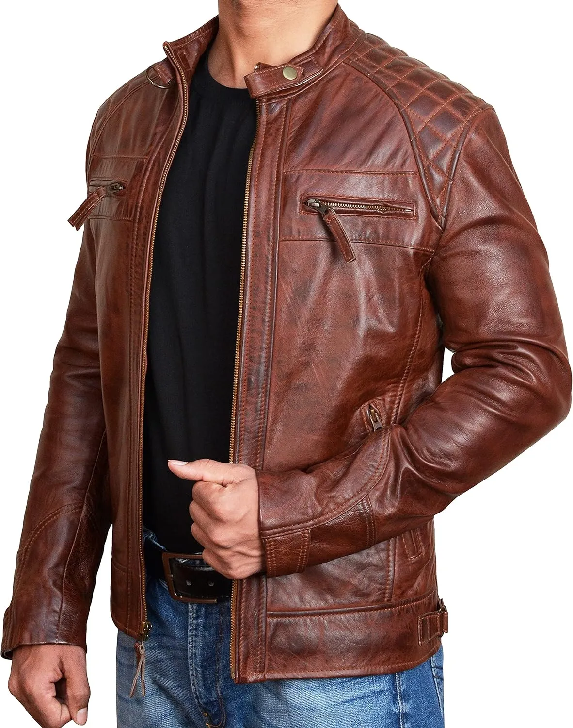 SpazeUp Mens Genuine Leather Quilted Brando Jacket - Asymmetrical Leather Motorcycle Cafe Racer Leather Jacket