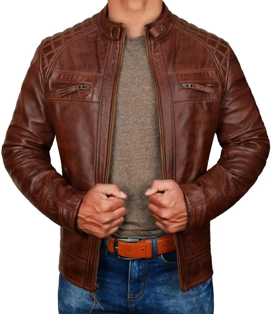SpazeUp Mens Genuine Leather Quilted Brando Jacket - Asymmetrical Leather Motorcycle Cafe Racer Leather Jacket