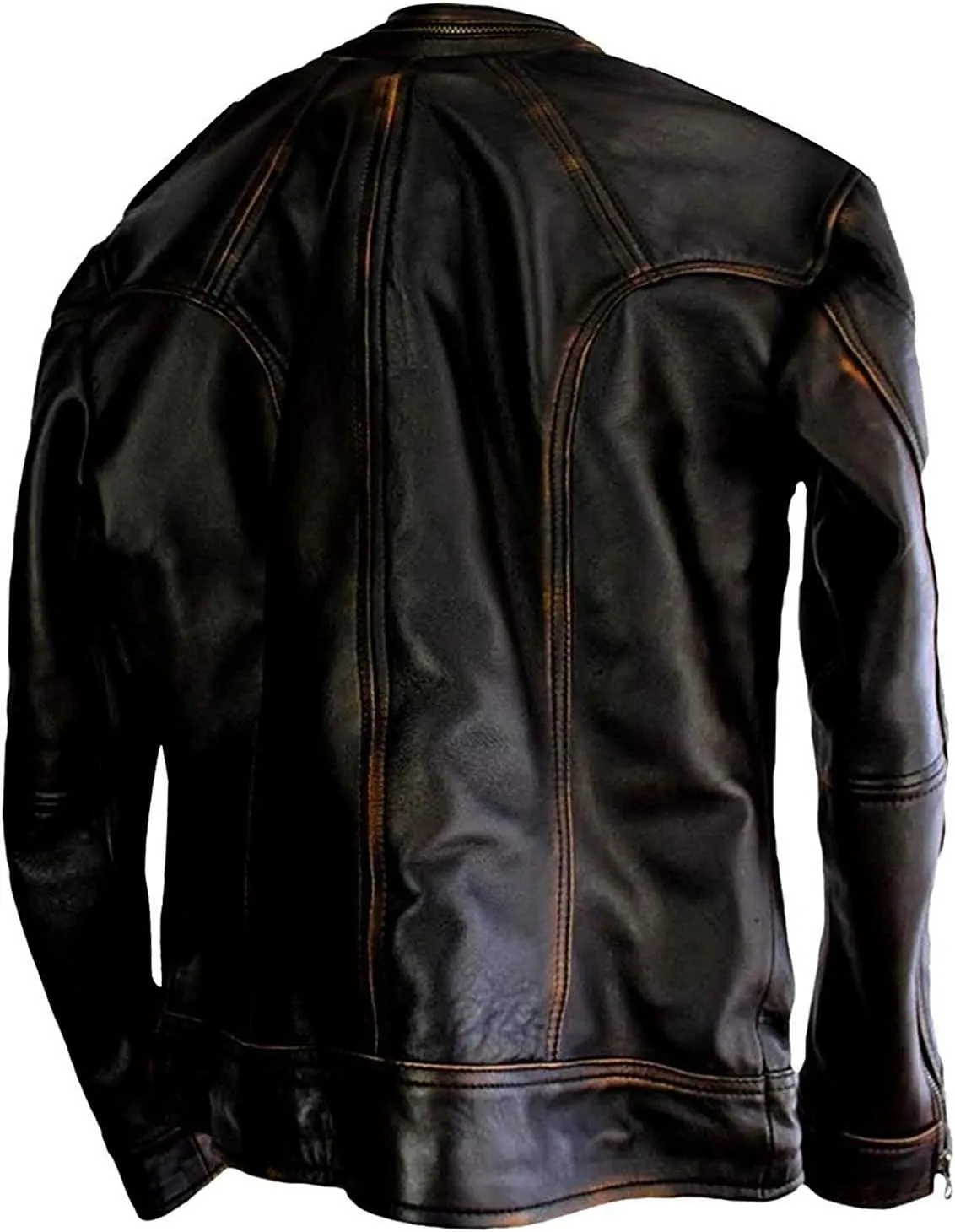 SpazeUp Mens Genuine Leather Quilted Brando Jacket - Asymmetrical Leather Motorcycle Cafe Racer Leather Jacket