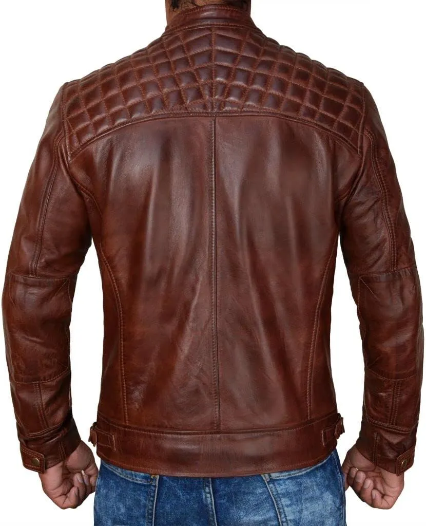 SpazeUp Mens Genuine Leather Quilted Brando Jacket - Asymmetrical Leather Motorcycle Cafe Racer Leather Jacket