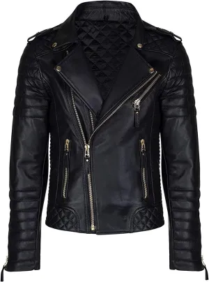 SpazeUp Mens Genuine Leather Quilted Brando Jacket - Asymmetrical Leather Motorcycle Cafe Racer Leather Jacket