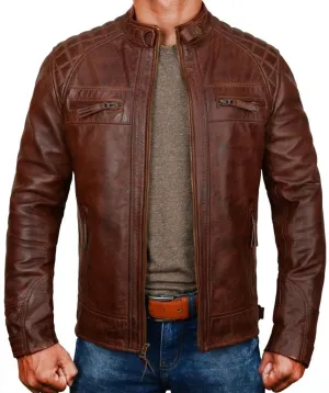 SpazeUp Mens Genuine Leather Quilted Brando Jacket - Asymmetrical Leather Motorcycle Cafe Racer Leather Jacket