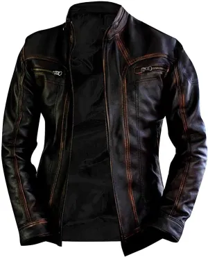 SpazeUp Mens Genuine Leather Quilted Brando Jacket - Asymmetrical Leather Motorcycle Cafe Racer Leather Jacket