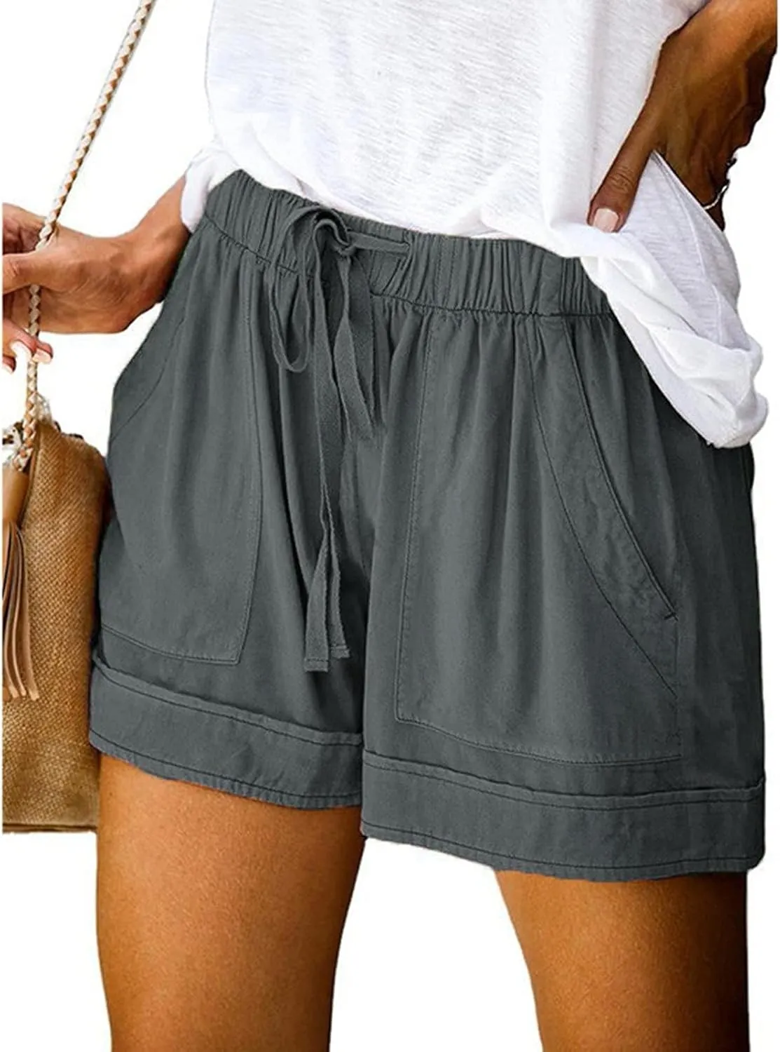 Splice Comfy Waist Pants Shorts Loose Elastic Pocketed Womens Casual High Waisted Jeans for Women