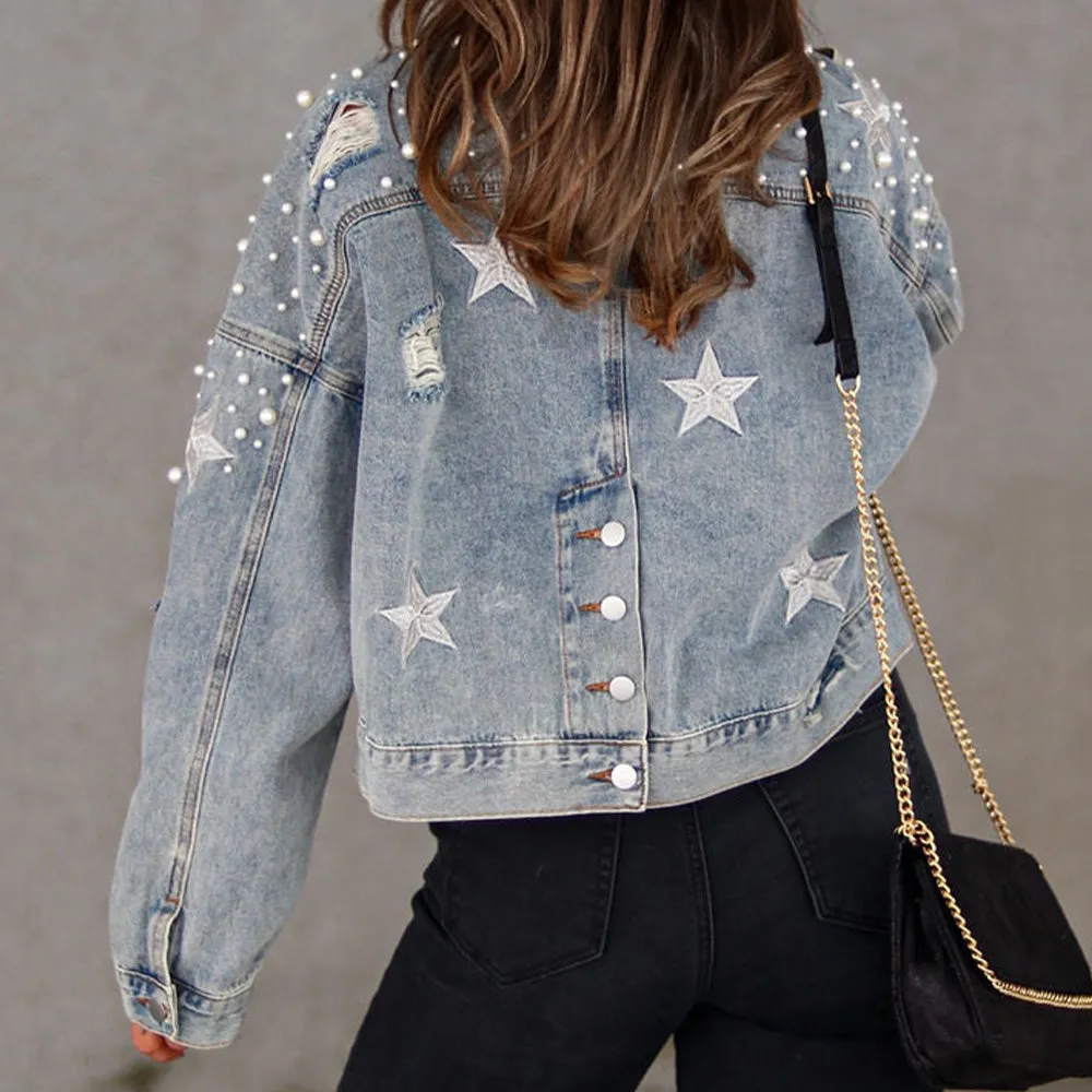 Stars and Pearls Bead Detail Denim Jacket