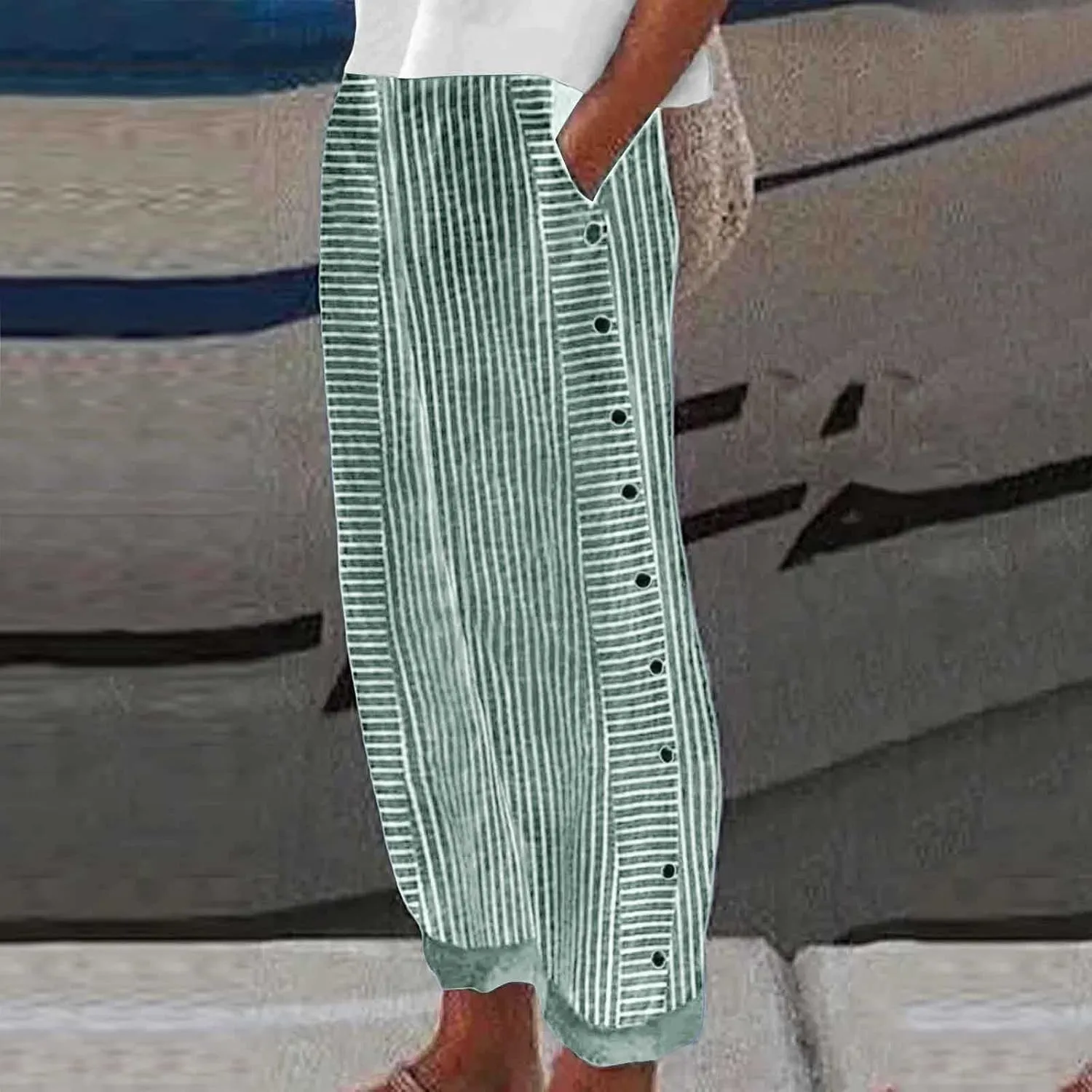 Summer Casual Pants for Women Loose Button Elastic High Waisted Beach Pants Straight Leg Drawstring Lightweight Trousers