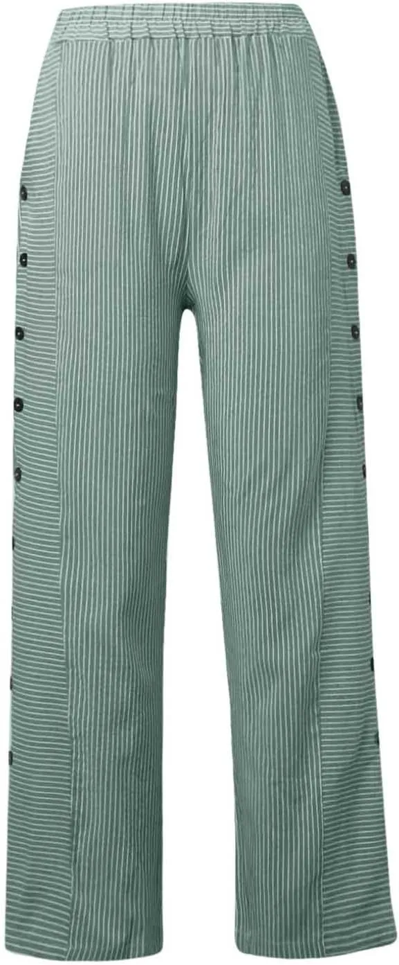Summer Casual Pants for Women Loose Button Elastic High Waisted Beach Pants Straight Leg Drawstring Lightweight Trousers
