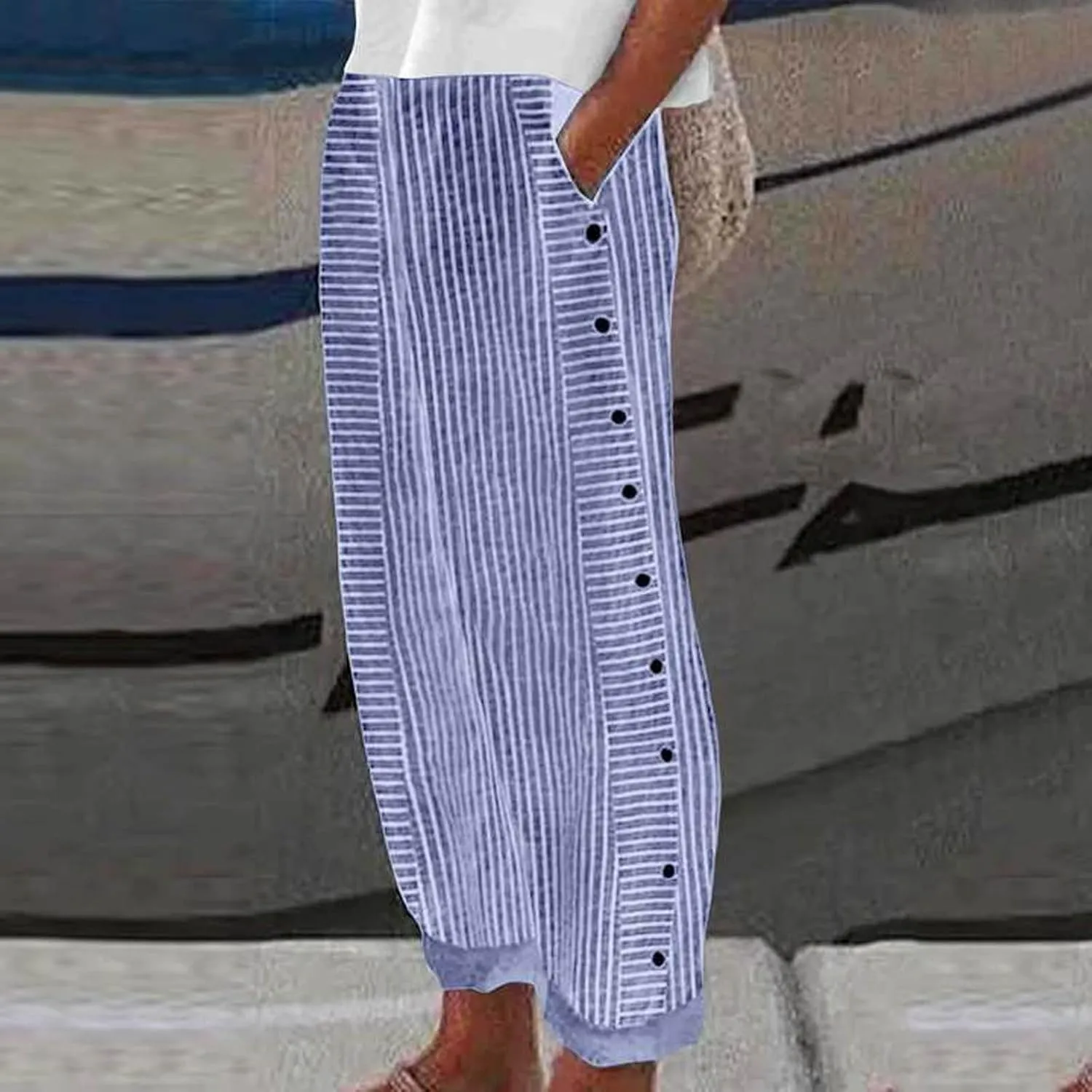 Summer Casual Pants for Women Loose Button Elastic High Waisted Beach Pants Straight Leg Drawstring Lightweight Trousers