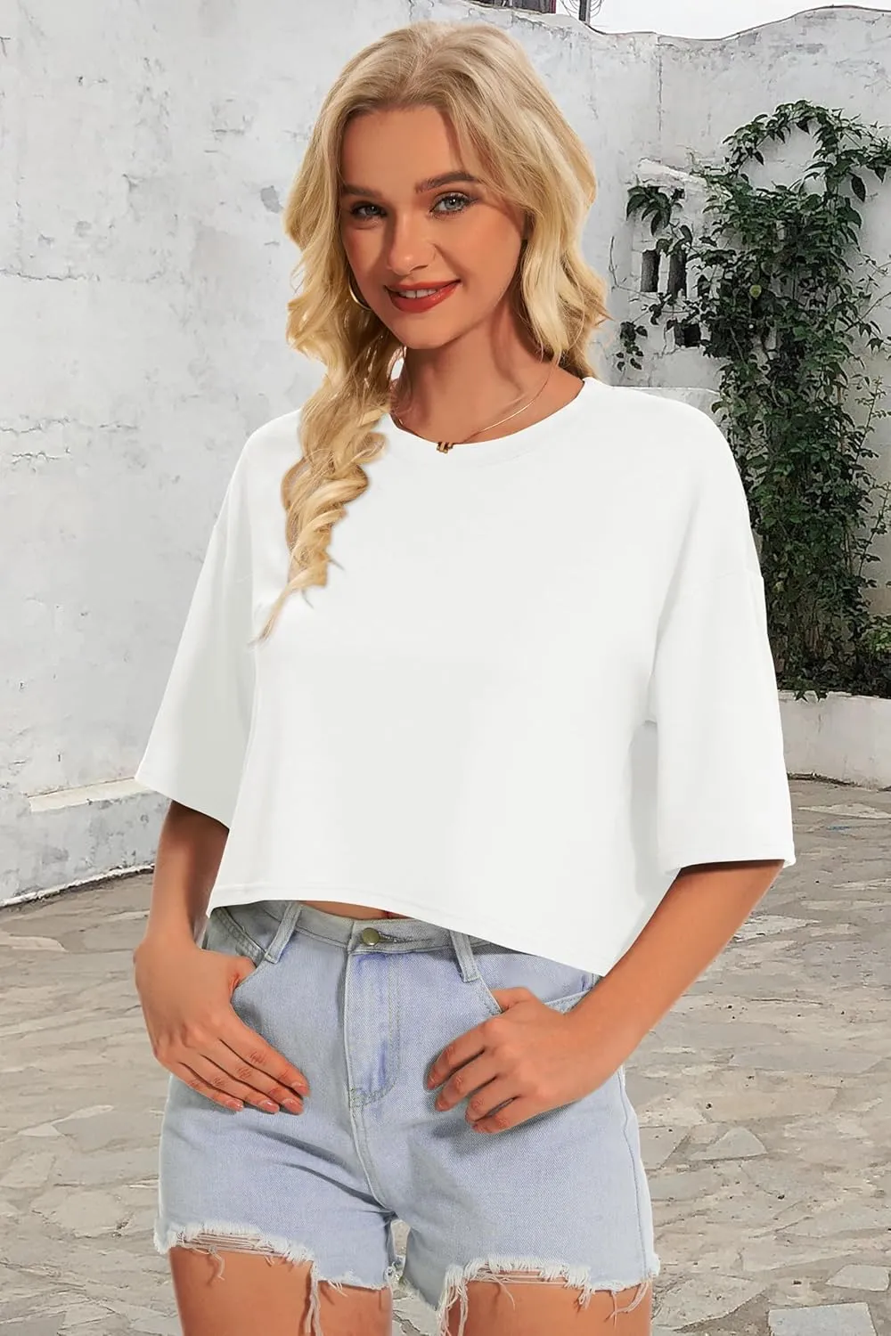 Summer Crop Tops for Womens Casual Half Sleeve Top Loose Fit Short Sleeve T Shirts Workout Oversized Tees