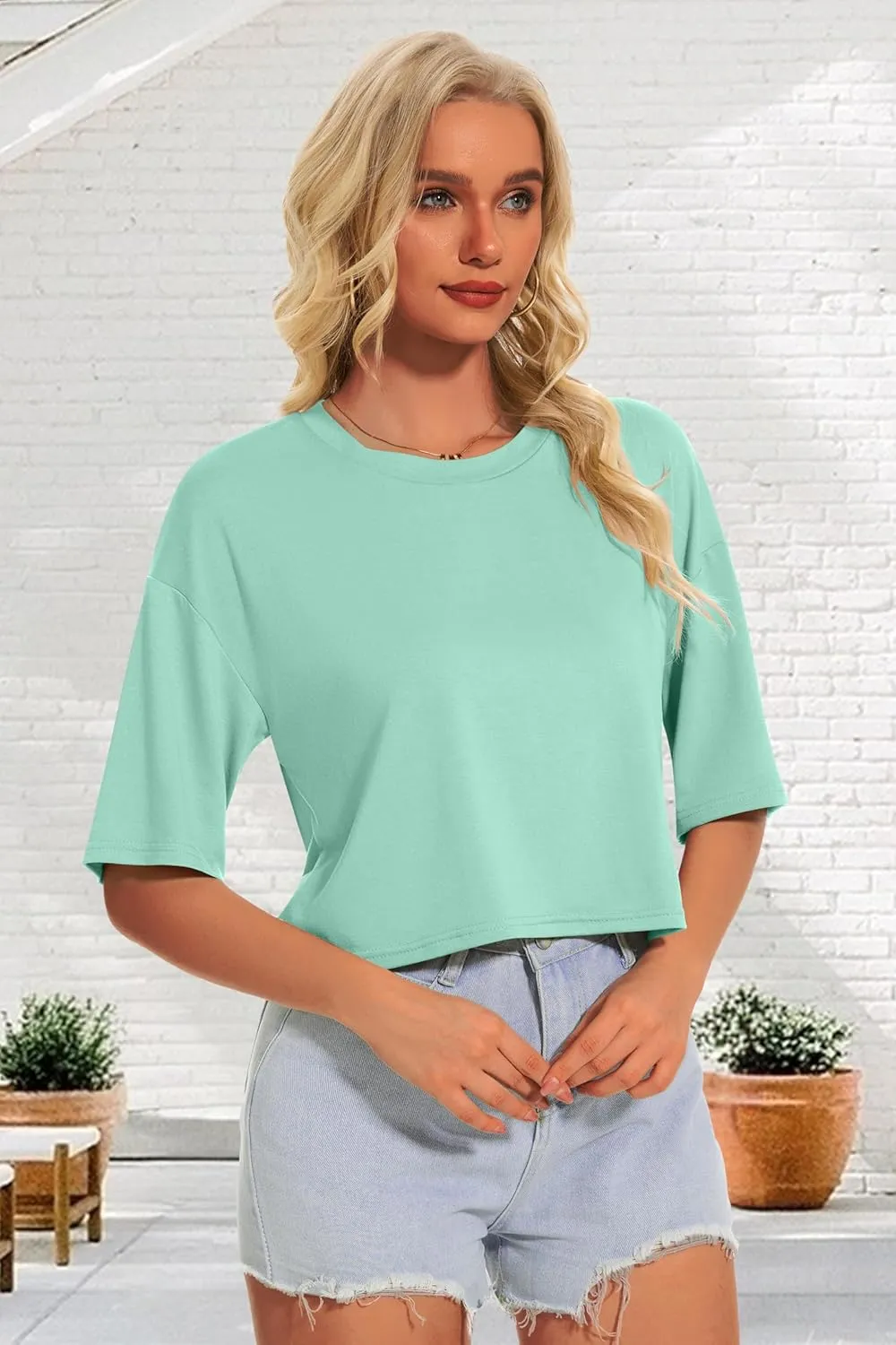 Summer Crop Tops for Womens Casual Half Sleeve Top Loose Fit Short Sleeve T Shirts Workout Oversized Tees