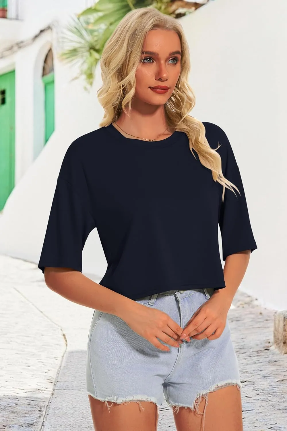 Summer Crop Tops for Womens Casual Half Sleeve Top Loose Fit Short Sleeve T Shirts Workout Oversized Tees