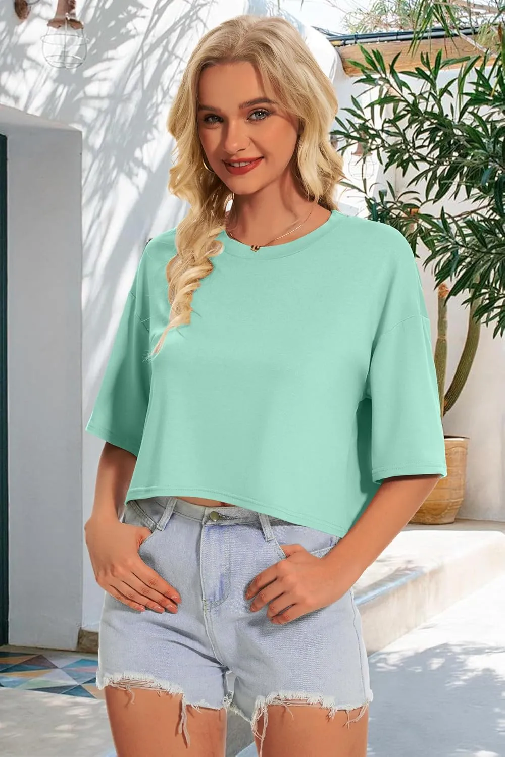 Summer Crop Tops for Womens Casual Half Sleeve Top Loose Fit Short Sleeve T Shirts Workout Oversized Tees