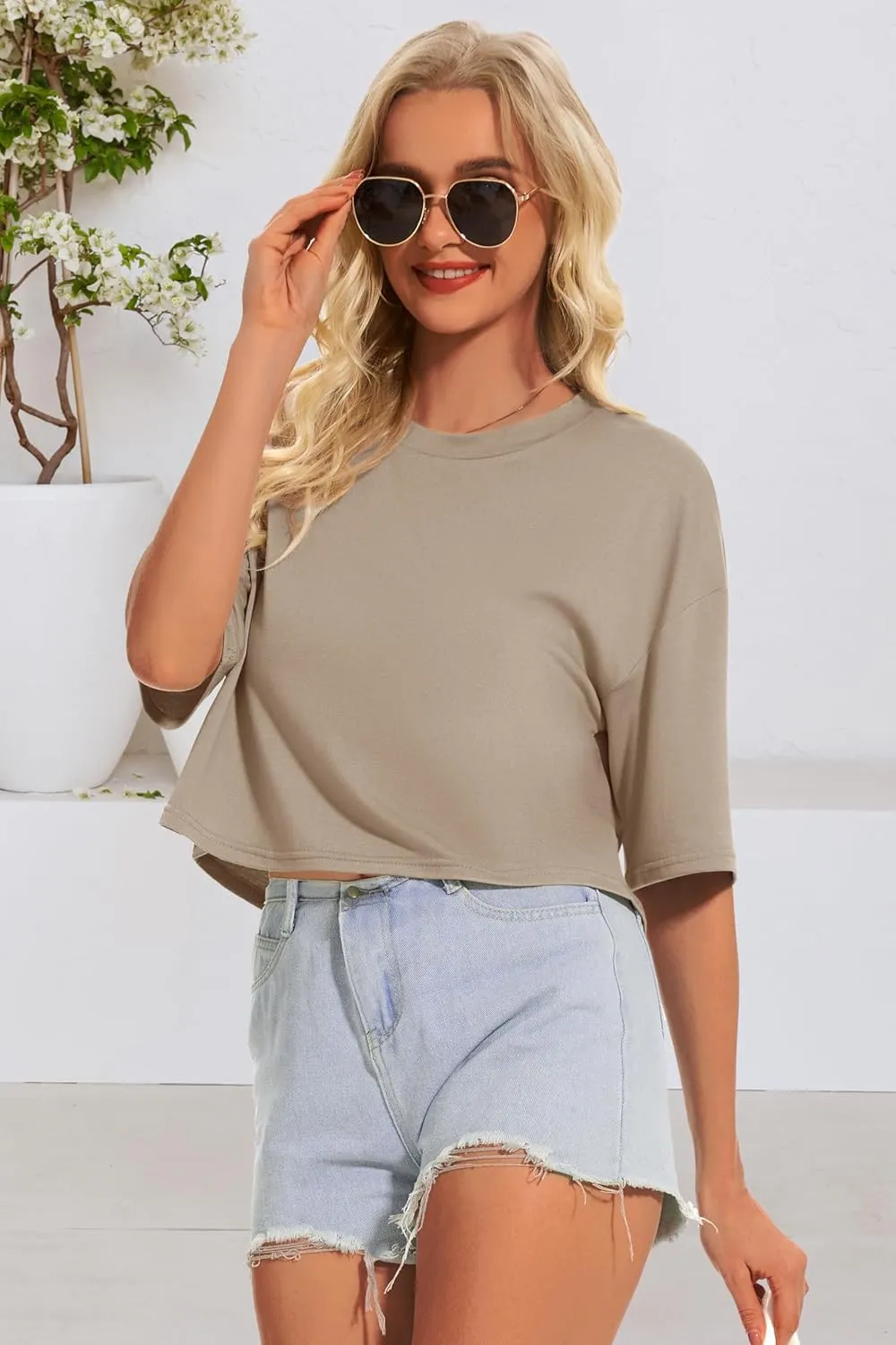 Summer Crop Tops for Womens Casual Half Sleeve Top Loose Fit Short Sleeve T Shirts Workout Oversized Tees