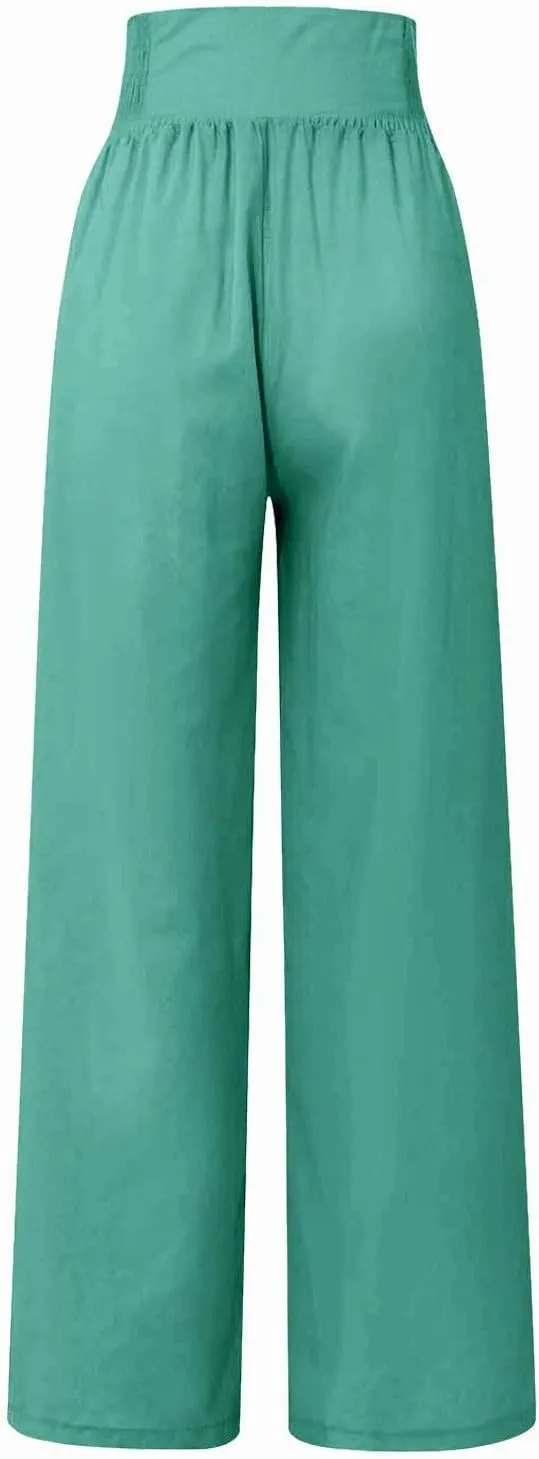 Summer Linen Pants for Women Comfy Smocked High Waist Wide Leg Pants Casual Flowy Palazzo Beach Pants with Pockets