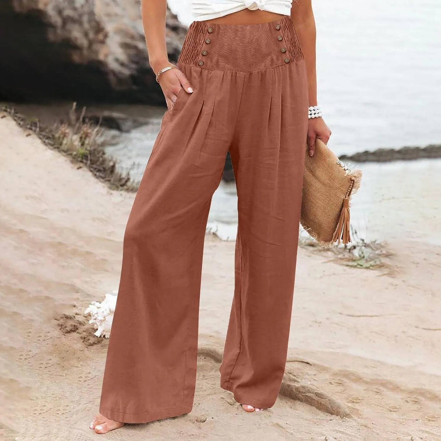 Summer Linen Pants for Women Comfy Smocked High Waist Wide Leg Pants Casual Flowy Palazzo Beach Pants with Pockets
